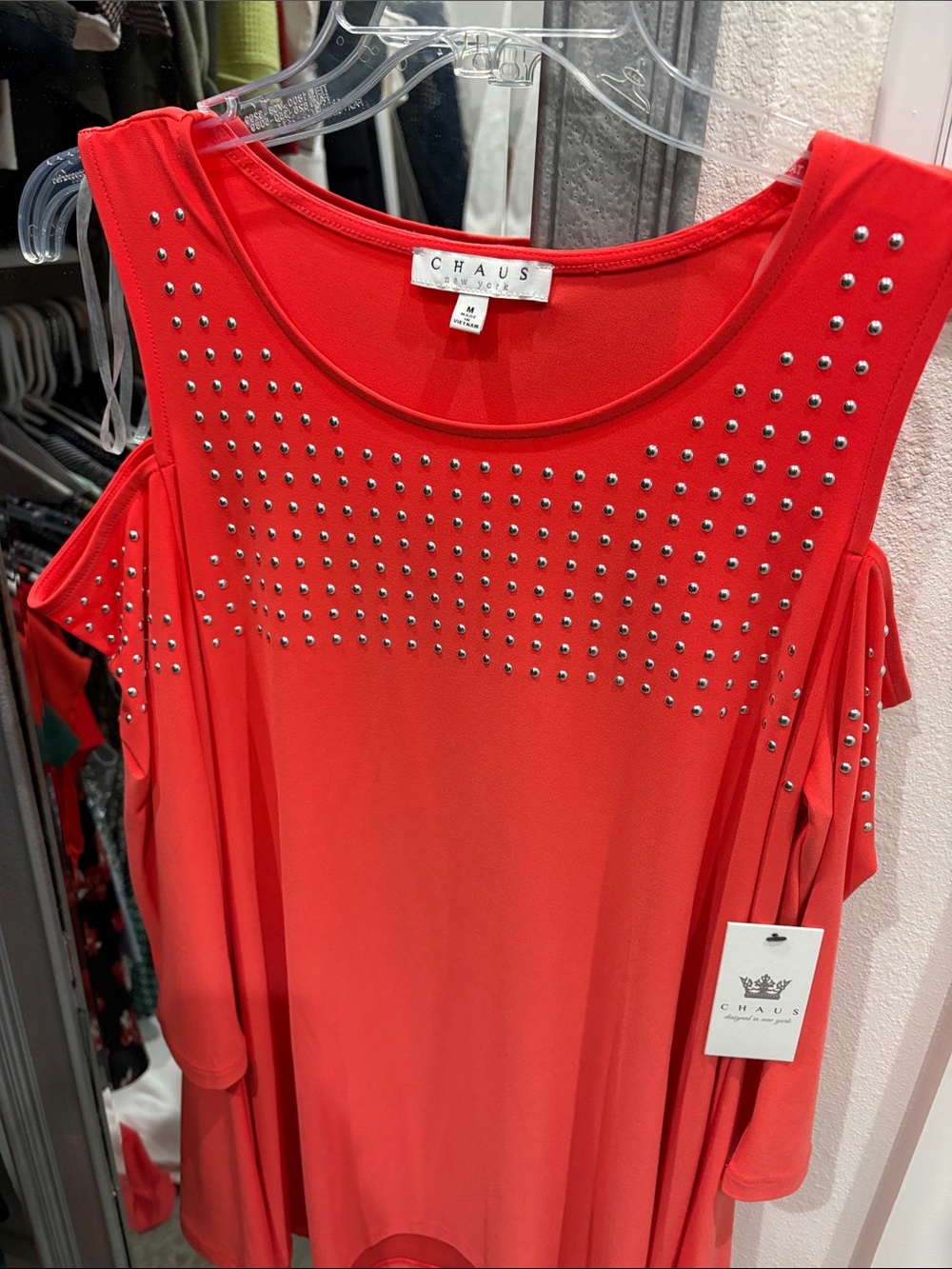 Chaus Red Studded Cold-Shoulder Tunic